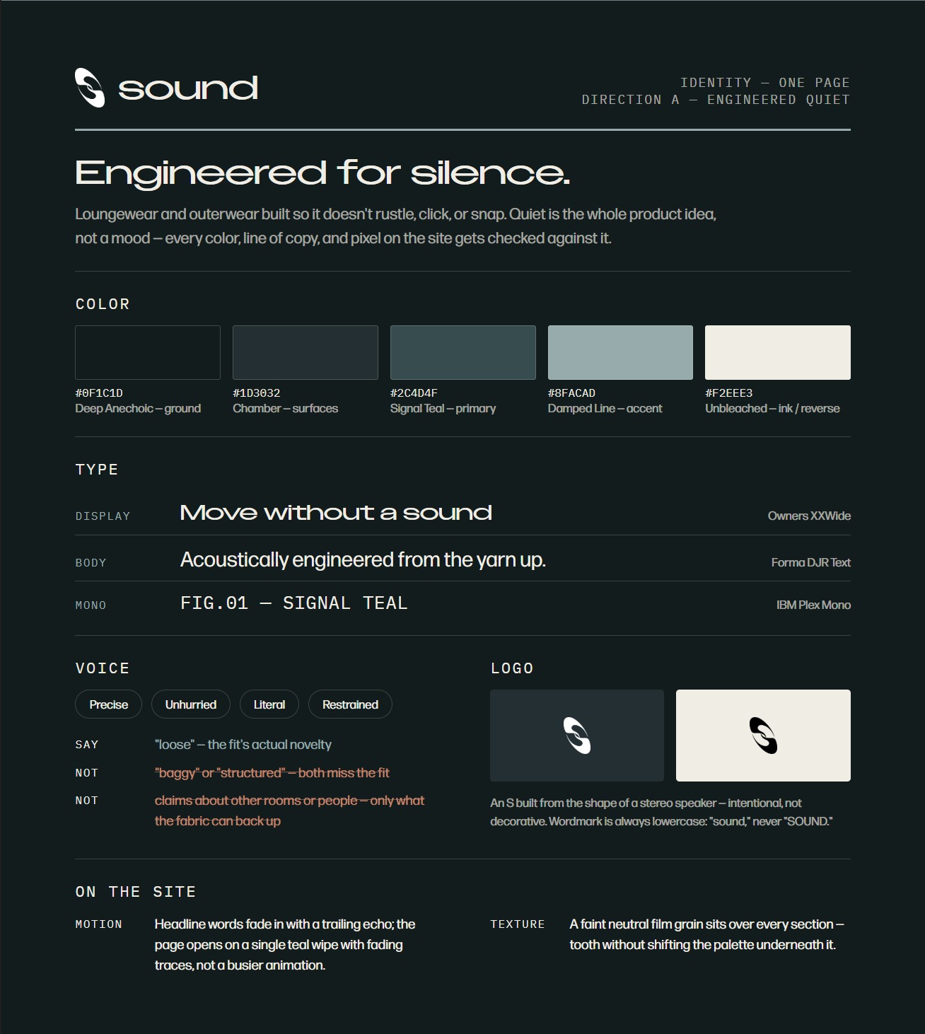 Sound — brand identity one-pager: color, type, voice, logo, and motion/texture rules