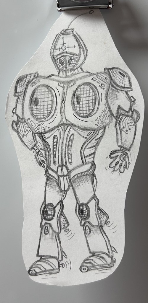 A childhood drawing of a boombox-chested robot