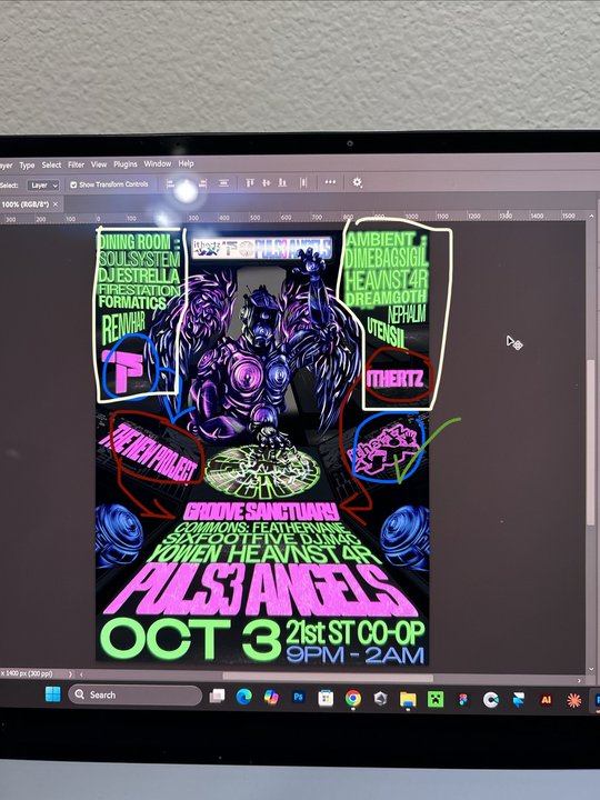 Pulse Angels 3 flyer — concept 5, full flyer layout in Photoshop